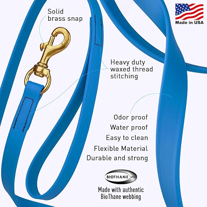 Viper Biothane K9 Working Dog Leash Waterproof Lead for Tracking Training Schutzhund Odor-Proof Long Line with Solid Brass Snap for Puppy Medium and Large Dogs, 10ft Cerulean Blue