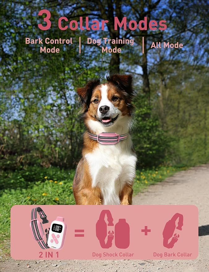 2-in-1 Bark and Shock Collar for Dogs, Smart Anti Barking Dog Training Collar with 5 Adjustable Sensitivity, Automatic Bark Collar with Remote, Vibration, Beep, Shock and Automatic (Pink)