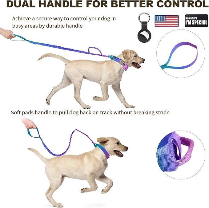 Tactical Dog Collar and Bungee Leash,Military Dog Collar & Leash Set with USA American Flag Adjustable K9 Collar with Heavy Duty Metal Buckle & Handle,with Patches and Airtags Case (Gradient, L)