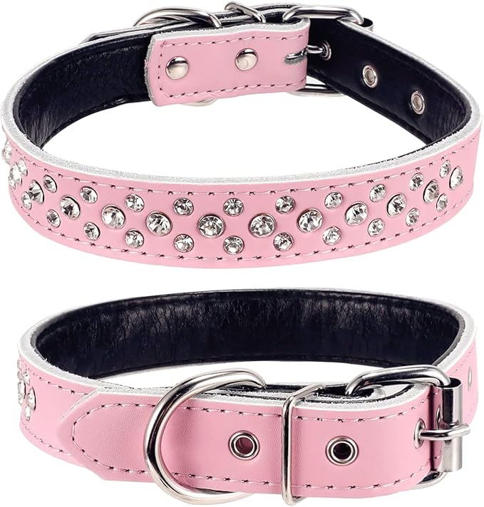 Rhinestones Dog Collar, Adjustable Sparkly Crystal Studded Genuine Leather Pet Dog Collar for Small and Medium Breeds (S fit Neck 11-13", Pink)