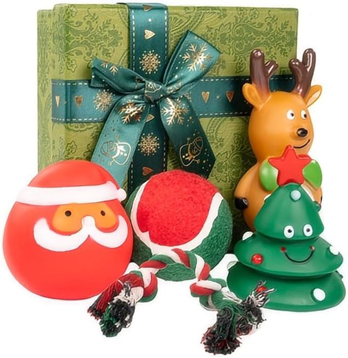Christmas Dog Chew Toys Set Dog Gift Toy with Christmas Stocking or Xmas Gift Box Dog Toys for Aggressive Chewers (Green Gift Box)