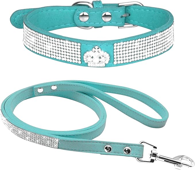 Cute Dazzling Sparkling Elegant Fancy Soft Suede Leather Bling Rhinestone Crystal Jeweled Pet Cat Dog Puppy Collar Dog Leash Combo Set (L(Neck 15-18"), Light Blue-4)