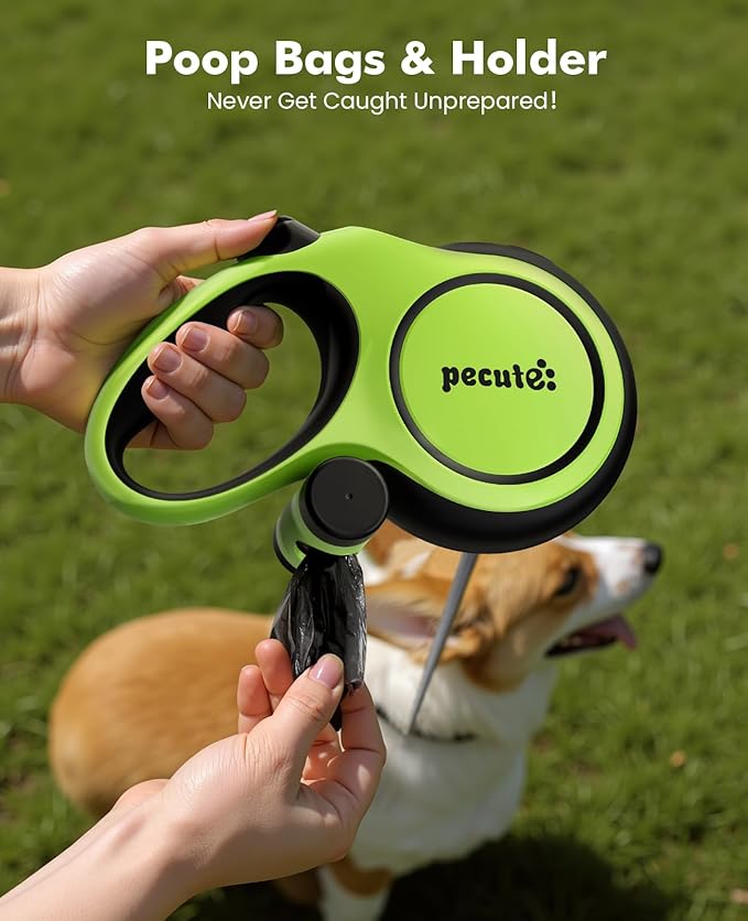 Pecute Retractable Dog Leash for Large Dogs, 26ft Heavy Duty Retractable Dog Leash with Poop Bag Holder, Anti-Slip Soft Grip, Reflective Leashes for Medium Large Pets for 33lbs-110lbs(Green)