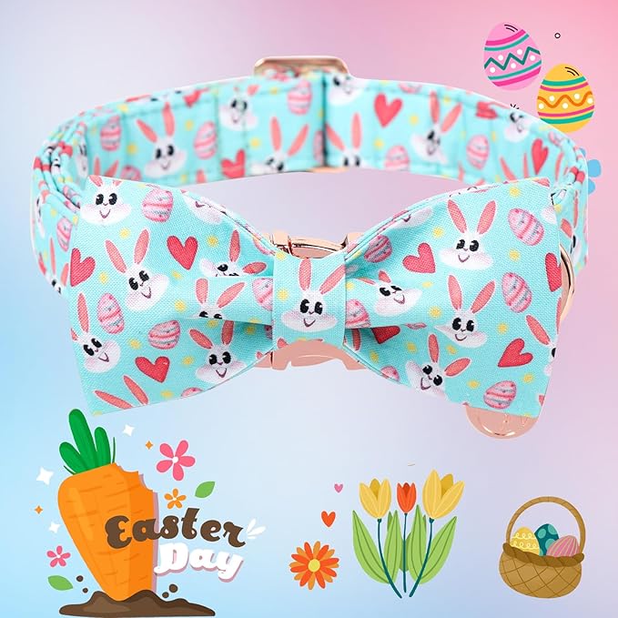 DOGWONG Cotton Easter Dog Collar with Bowtie, Soft Adjustable Blue Bunny Easter Day Dog Collar Cute Colorful Egg Puppy Collar for Small Medium Large Dog
