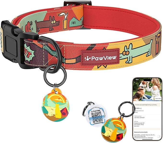 Dog Collar with QR Code ID Tag, Smart Pet ID Collar with Free App Option, Soft Padded Adjustable Dog Collar with Secure Metal D-Ring & Quick Release Buckle for Small Medium Large Dogs (Red, M)