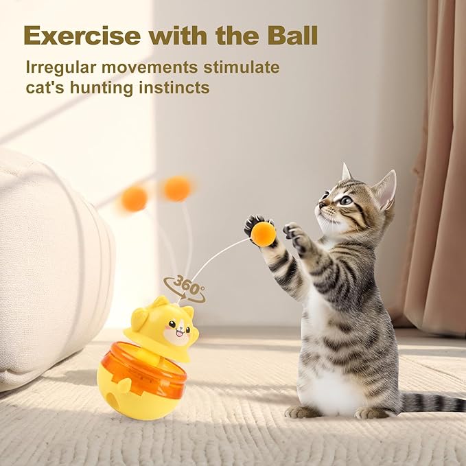 Interactive Cat Wobble Toy with Teaser Wand, Treat Dispensing Puzzle Feeder (No Treats Included), Enrichment Toy for Indoor Cats, Anxiety Relief & Solo Play