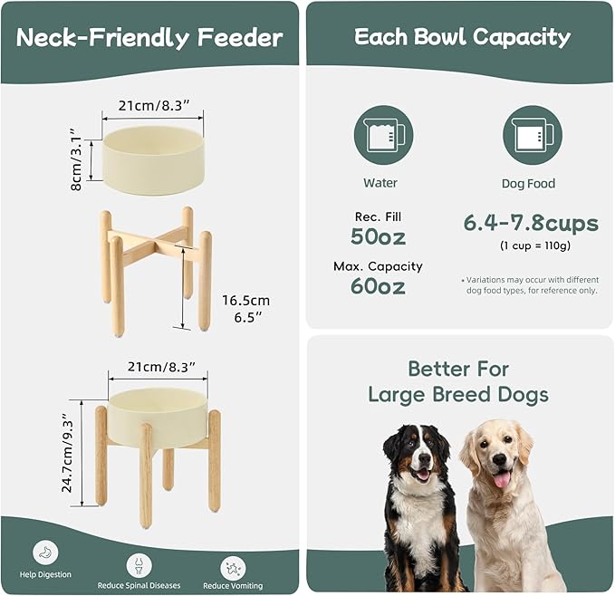 Ceramic 8.2inch Raised Dog Bowl with Stand for Large - Breed Dogs, Pet Food and Water Feeder(Single Bowl with Stand - Beige)