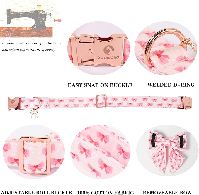 DOGWONG Valentine Dog Collar with Bow, Metal Buckle Adjustable Pink Bowtie Cute Girl Dogs Collars Pet Valentine Collars for Medium Dogs, M