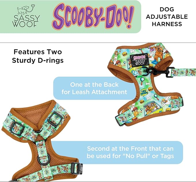 Sassy Woof Dog Adjustable Harness - Scooby-Doo™ - XS, Breathable Mesh, No Pull Design with Two D-Rings, Patented Design, Perfect for Small Dogs and Puppies - Officially Licensed
