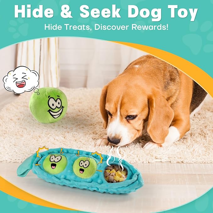 Interactive Hide and Seek Dog Toy for Small Dogs – Cute Plush Pea Pod with 3 Squeaky Balls and Crinkle, Puzzle Toy for Puppies and Gentle Chewers