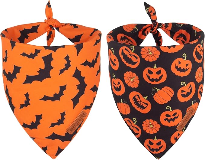 ADOGGYGO Halloween Dog Bandana, Pumpkin Bat Pet Scarf, Premium Durable Fabric, Orange Black Halloween Bandanas for Small Dogs Cats Puppies (Small)