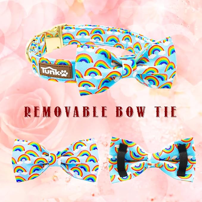 Tunkoo Pride Dog Collar with Rainbow Bow Tie for LGBTQ, Metal Buckle Pet Collar Adjustable Cotton Collar for Small Medium Large Boys Girls Dogs, L