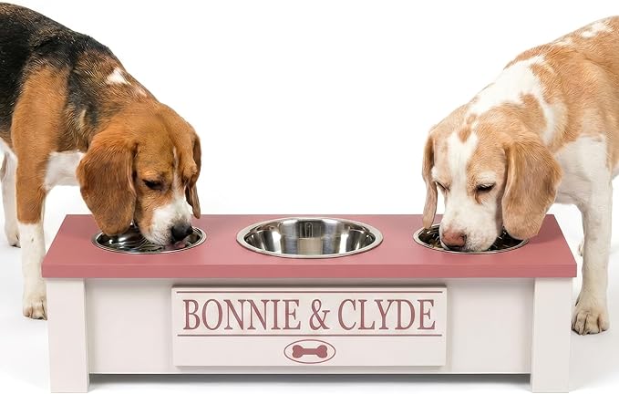 GTW Personalized Elevated Triple Dog Bowl Stand for Large, Medium, Small, X-Small Dogs - 3 Stainless Steel Food and Water Bowls - Raised Dog Dish with Internal Storage (Small, Pink)