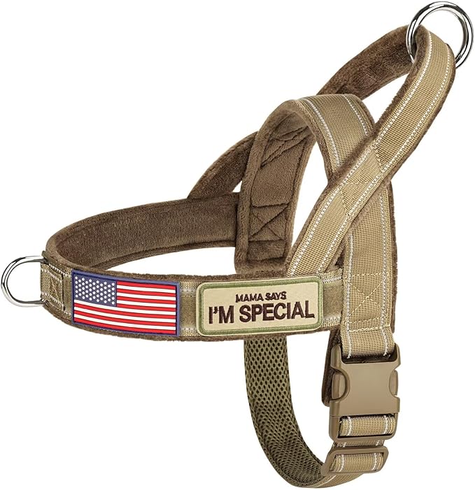 Forestpaw No Pull Dog Harness with Large Handle,Slip on Reflective Vest with Quick Release Buckle,Comfortable Flannel Lining for Medium Large Dogs Walking Training (Includes 3 Patches),Brown L