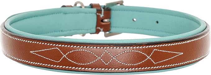 Exion Geniun Leather Dog Collar Designer Stitched Soft Leather Padded- Suitable for Small Medium Large X-Large Dogs for Walking Running- Conker with Sky Blue Padding
