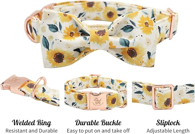 Elegant little tail Sunflower Print Dog Collar, Girl Dog Collar with Bow Adjustable Soft Bow tie Dog Collars for X-Small Dogs and Cats