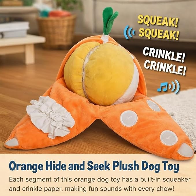 Orange Hide and Seek Plush Dog Toy, Easy to Clean Snuffle Watermelon Hide and Seek Dog Toy with Crinkle Paper, Interactive Puzzle Toys for Small, Medium & Large Dogs (Orange)