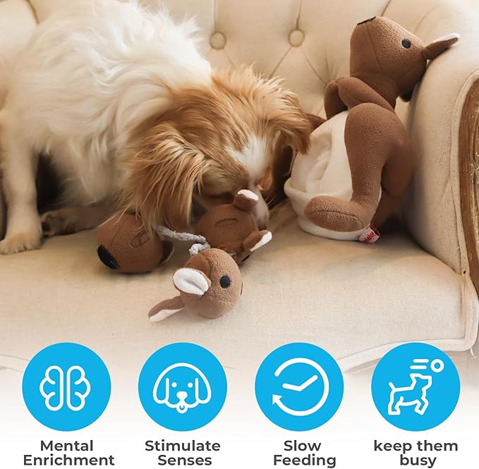 Dog Toys Plush with Squeaky & Treat Hiding Features - Mental Stimulation Enrichment Toy for Large Breed Dogs - Machine Washable Slow Feeder to Keep Dogs Busy，Joey Pouch