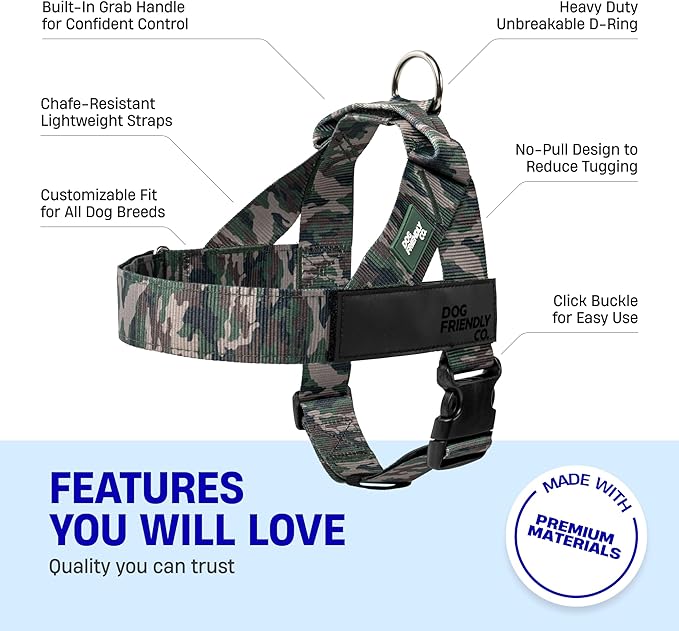 DF Co. Dog Harness | Chafe Resistant Webbing, Adjustable Neck & Chest, and Heavy Duty D-Ring | Sturdy, Comfortable, Easy to Use | Green Camo, Size S