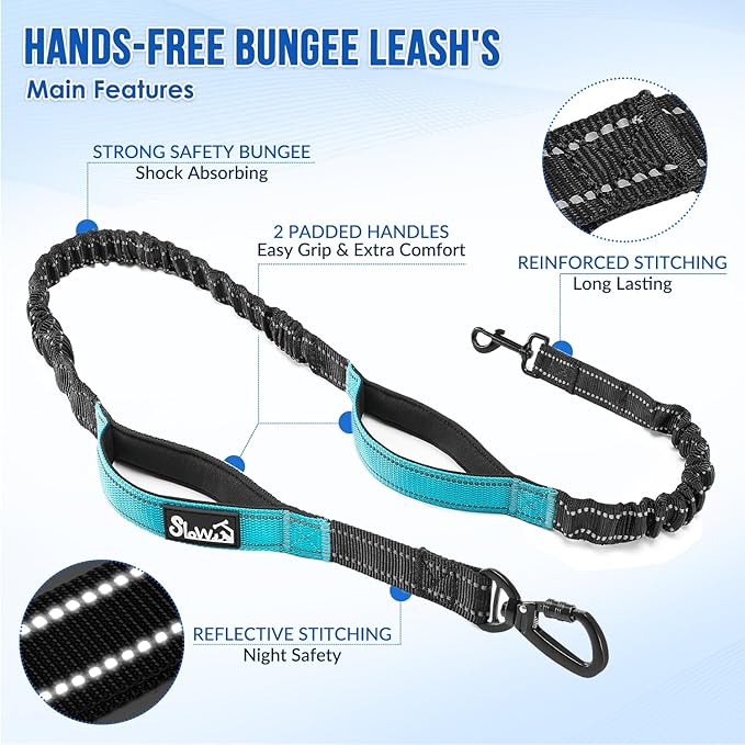 Hands Free Dog Leash for 2 Dogs, Adjustable Waist Belt with Zipper Pouch, Dual Handle Retractable Elastic Bungee with Reflective Stitches for Medium and Large Dogs Training Running