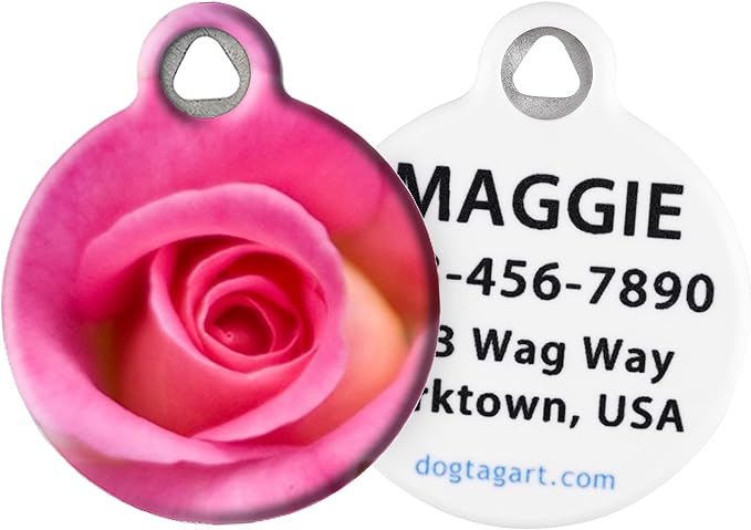 Dog Tag Art Pink Rose Custom Pet ID Tag for Dogs and Cats, Silent Polymer Coated Stainless Steel Nametag with Customized Identification Information - Large 1.25" Diameter