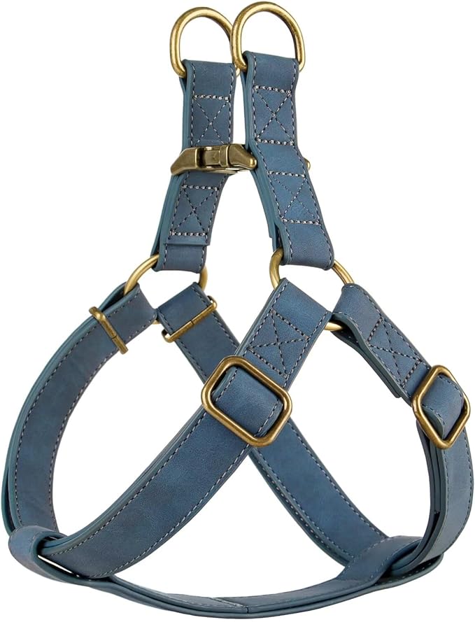 Didog Step in Dog Harness - PU Leather Dog Harness with Antique Bronze Metal Buckle, Easy Walk Dog Halter Harness for Medium Dogs Walking Training (Blue, S: Chest 16-22")