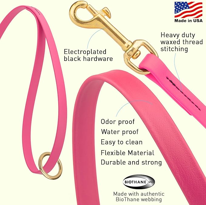 Viper Biothane K9 Working Dog Leash Waterproof Lead for Tracking Training Schutzhund Odor-Proof Long Line with Solid Brass Snap for Puppy Medium and Large Dogs 6ft, Passionfruit Pink