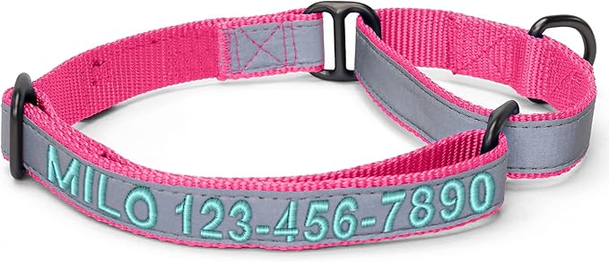 Pawtitas Customized Martingale Dog Collar Reflective Reflective Dog Collar Embroidered Personalized Name Phone Number Adjustable for Puppies Small Medium Large Size Dogs Small Pink