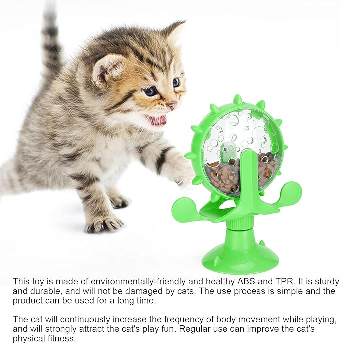 GLOGLOW Cat Food Leakage Toy, Windmill Treat Dispensing Cat Puzzle Food Interactive Toy Kitten Slow Feeder Snacks Distribution with Powerful Suction Cup(Green)