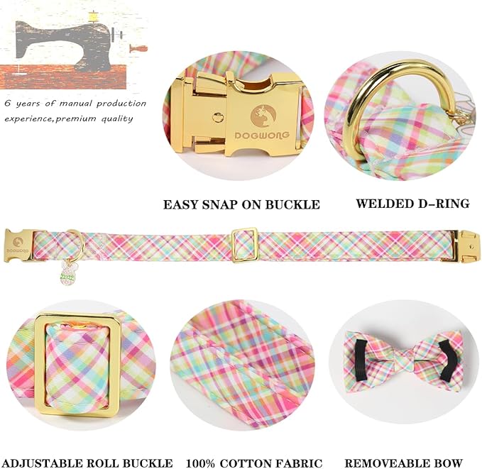 DOGWONG Easer Dog Collar with Bow,Colorful Plaid Dog Collar, Adjustable Durable Soft Easter Dog Collars for Male Female Dogs,XL