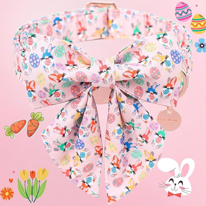 DOGWONG Easter Day Dog Collar-Cute Rabbit Easter Dog Collar with Bow, Cotton Eggs Dog Collars with Metal Buckle for Small Medium Large Dogs