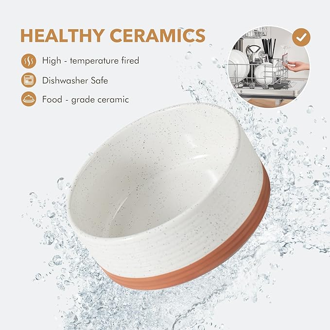 Ceramic 8.2inch Raised Double Dog Bowls Set with Acacia Wood Stand, Food & Water Bowls for Large Breed Dogs, Weighted Pet Dishes(60oz, Vanilla White)
