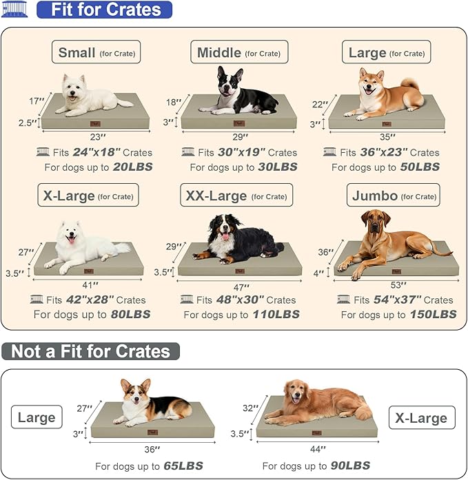 Outdoor All Weather XL Dog Bed, Waterproof Pet Bed for Extra Large Dogs, Orthopedic Egg Crate Foam with Removable Washable Oxford Cooling Cover, 44x32 Inch, Khaki