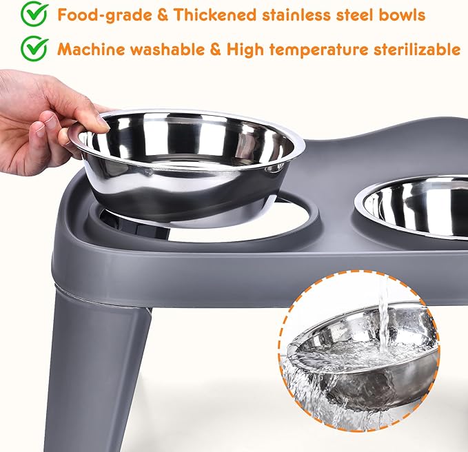 Petizer Large Sized Elevated Dog Bowls, No Spill Raised Height Stand Dog Feeder with 2 Thick 60OZ Stainless Steel Food and Water Bowl Set, Grey, for Medium Large, Food Dishes with Non-Slip Feet