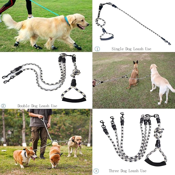 3 Dog Leash - Padded Handle, 360° Swivel Multiple Dog Leash No Tangle, Lead for Medium Large Dogs, Walking & Training Double Dogs (Black White)