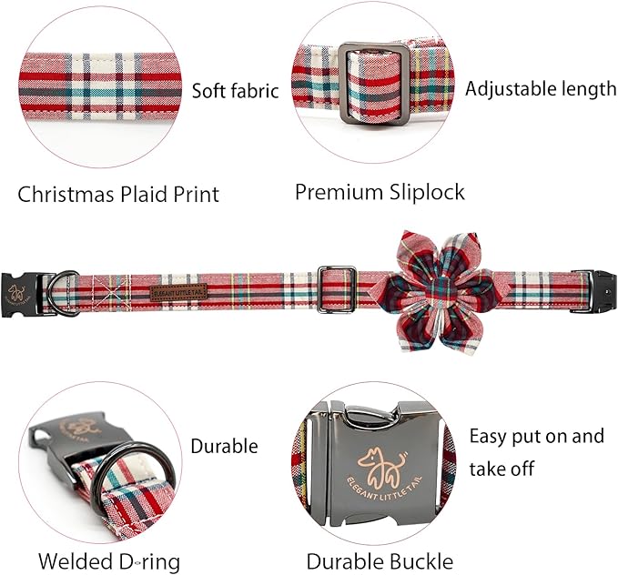 Elegant Little Tail Dog Collar with Red Plaid Christmas Pattern, Flower Dog Collar for X-Small Dogs