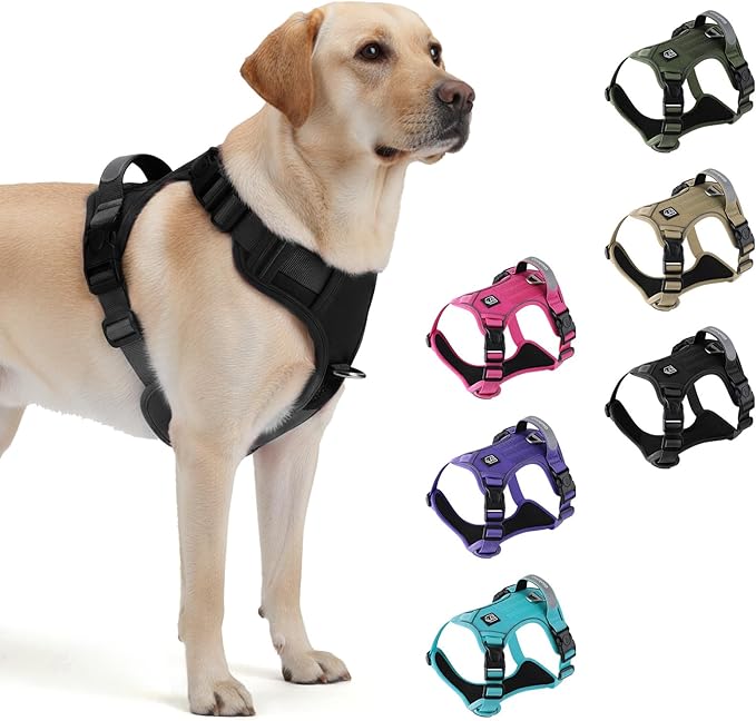 Heavy Duty Tactical Dog Harness for X-Large Dogs, No Pull Dog Harness with Handle & Front Clip, Reflective Soft Padded, Hook and Loop Panel, Dog Vest for Walking, Service Training, Black