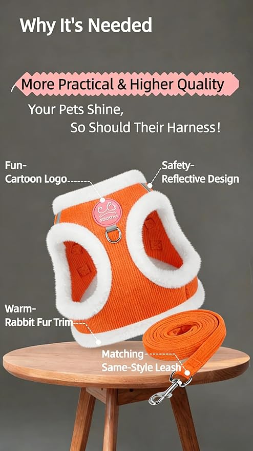 Dog Harness and Leash Set-No Pull No Choke Step-in Pet Harness for Cold Weather Lightweight Adjustable Cat Harness Warm Plush Puppy Vest with Hook & Loop Fastener Buckles D-Rings-Lightorange-M