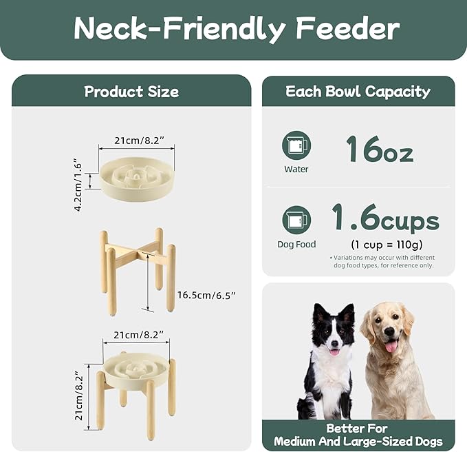 Ceramic 1.6 Cup Raised Slow Feeder Dog Bowl Set, Elevated Wooden Stand for Medium and Large Dog, 8.2inch Puzzle Slow Dish, Anti-Gulping(Beige, Single Bowl+ Stand)