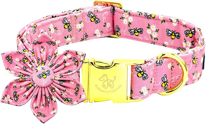 Elegant Little Tail Spring Dog Collar, Flower Cute Bees Print Cotton Soft Female Male Puppy Adjustable Dog Collar for Large Dogs