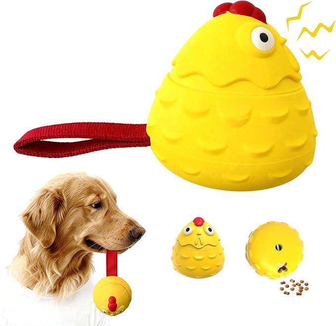 Interactive Dog Toy Ball - Squeaky Treat Dispenser, Pull Handle & Wobble Puzzle, Durable Natural Rubber Chicken Chew Toy for Boredom Relief, IQ Training for Small Medium Large Dogs