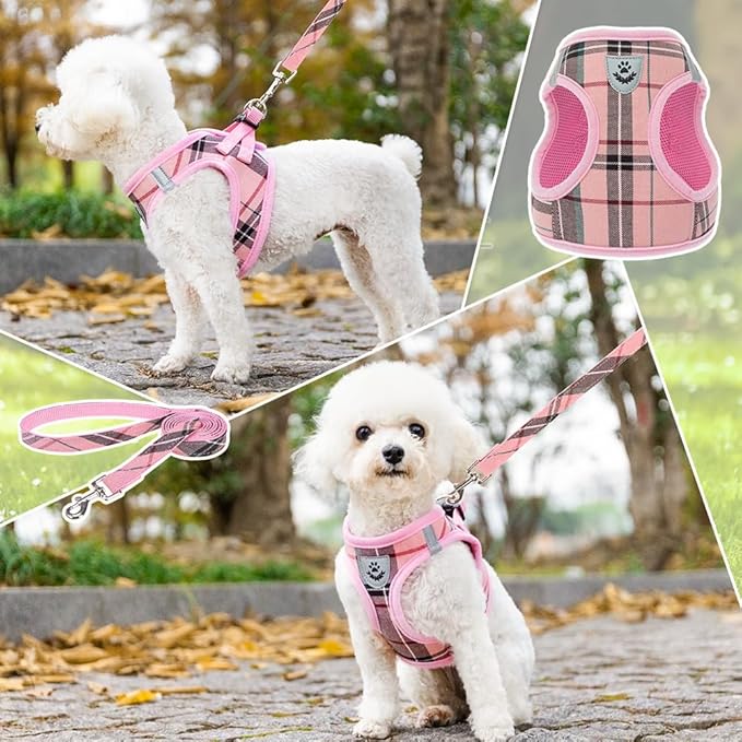 KOOLTAIL Dog Harness for Small Medium Dogs ,Dog Harness and Leash Set, Step in No Pull Soft Mesh Padded Adjustable and Reflective Pet Vest Harness Puppy, Plaid Extra Harness for XS S Dogs, Pink M