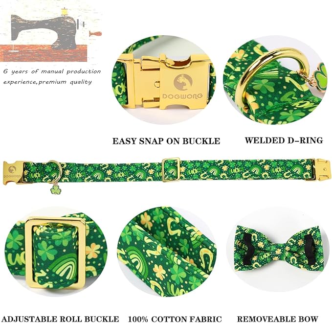 DOGWONG St. Patrick's Day Dog Collar with Bow Tie- Lucky Shamrock Bowtie Collar for Girl Boy Dog, Trefoil Dogs Collars Durable Adjustable, S