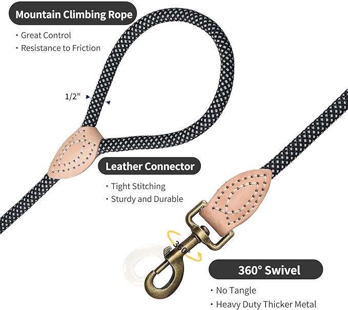 Mile High Life Dog Rope Leash 4 FT with Genuine Leather Tip, Reflective Rope Leash for Medium Large Dogs (Black, 60 Inch)