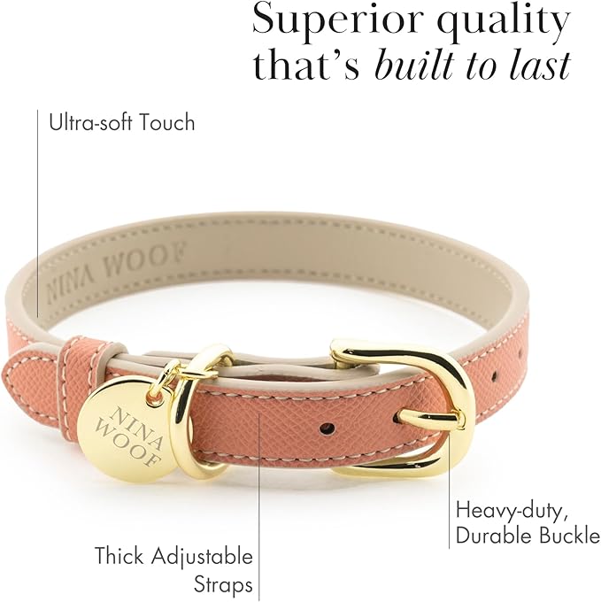 NINA WOOF Rio Vegan Leather Dog Collar - Padded Luxury Dog Collar with Adjustable Buckle - Collar for Dogs, Dog Collar for Small Dogs to Dog Collar for Large Dogs - Color Peach (Large)