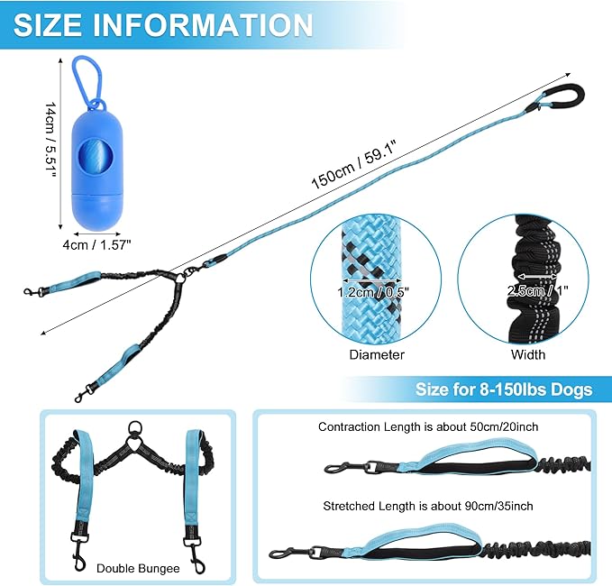 Double Dog Leash, Hands-Free Dual with Comfortable Padded Handle, Double for Two Dogs, Adjustable Length, Blue, 1 Set
