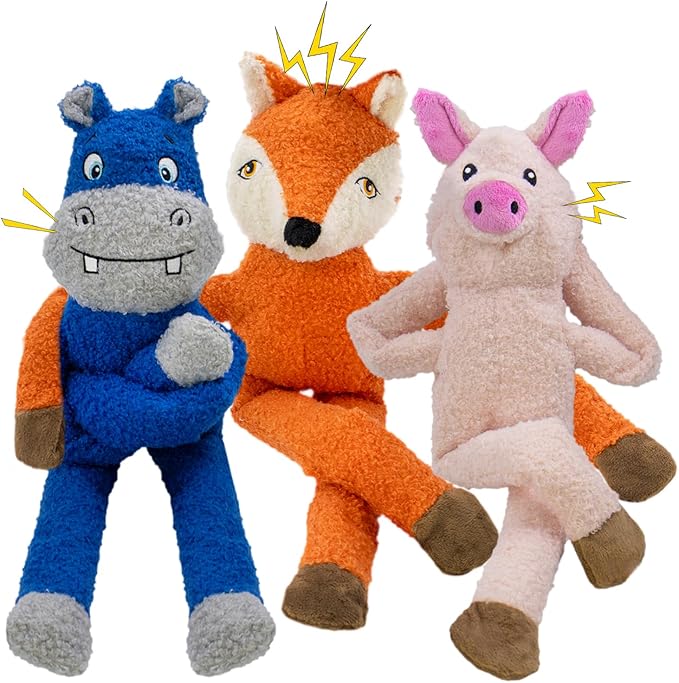 3 Pack No Stuffing Dog Toys Crinkle Squeaky Interactive Plush Dog Toy, not for Aggressive Chewers, to Keep Them Busy,Furry Friend Teething,Shape Orange Fox Pink Pig Blue Hippo