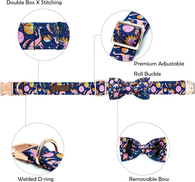 Lionheart glory Dog Bow Collar Dinosaurs Pattern Cute Collars for Large Dogs,Soft Duty Adjustable Dog Collar with Bowtie Spring Summer Puppy Collars Bows Pet Gift