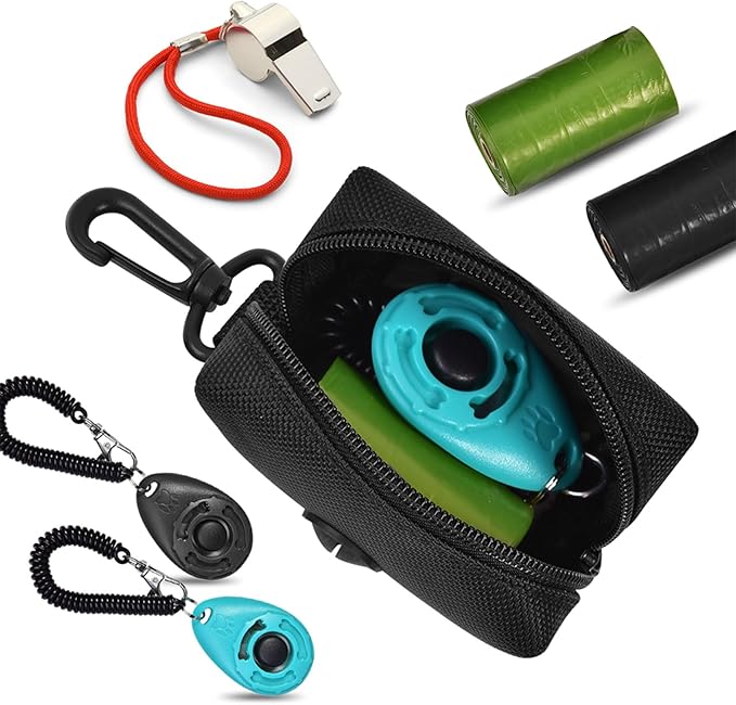 Dog Poop Bag Dispenser for Leash Accessory, 2 Packs (Black), 16 Rolls, Hand Free Holder & Bag, Fits Dog Leash, Animal Waste