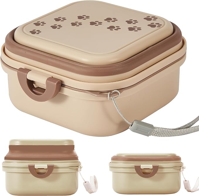 Collapsible Dog Water Bowl 30oz, 2 in 1 Portable Travel Dog Food Bowl with Lid, Easy Carry Loop Handle, Foldable Dog and Cat Food Bowl, Perfect for Traveling, Walking, Hiking (Khaki)